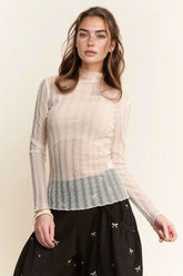 Davi & Dani Turtle Neck Lace Dotted Stretch Mesh Sheer Top WHITE OutfitFlow